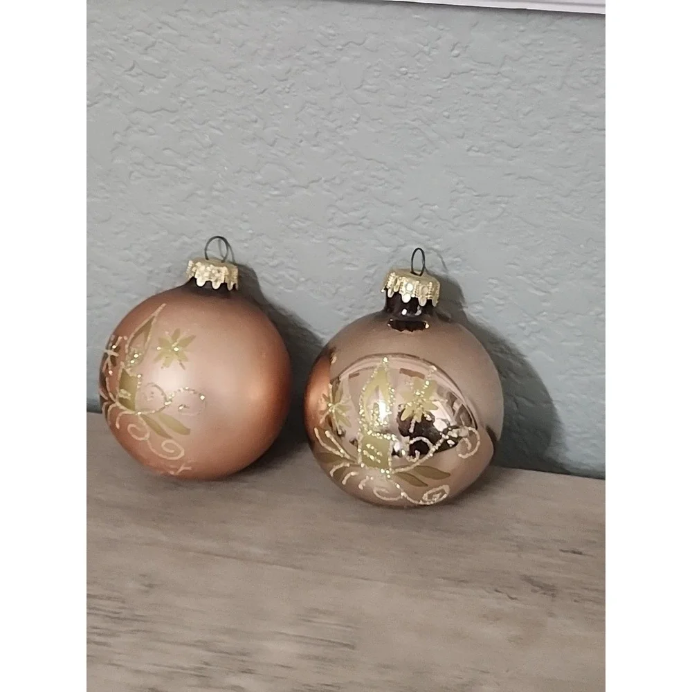 Vtg 2 Christmas Ornaments Mercury Glass‎ Stencil Ball Rose Gold Bauble Germany